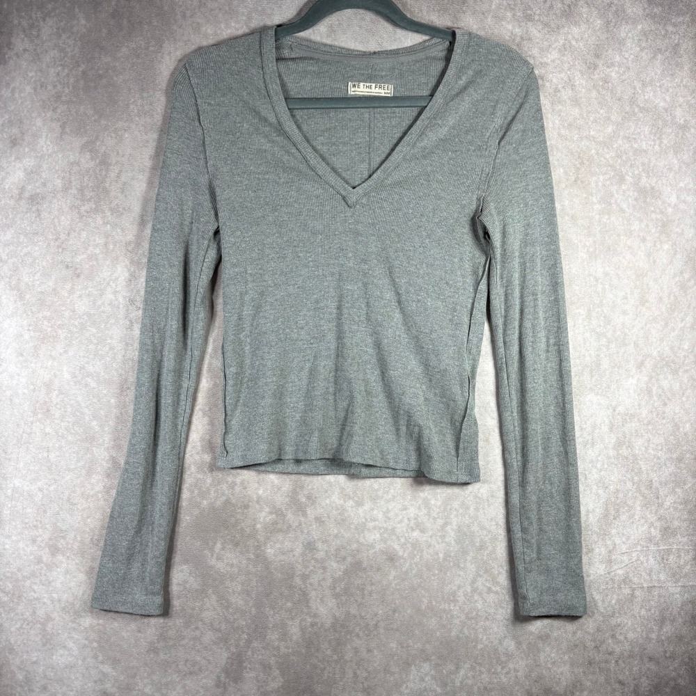 We The Free Top Womens Size Medium Gray V-Neck Ribbed Long Sleeve‎ Casual Boho